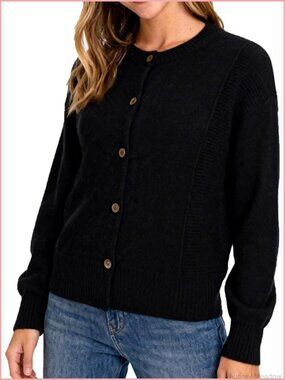 100% Wool Button Down Cardigan Long Sleeve Knit Crew Neck Winter Sweater